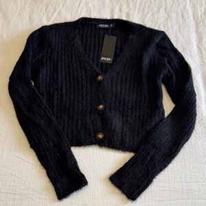 NWT Nasty Gal Black Cropped Fuzzy Button Cardigan